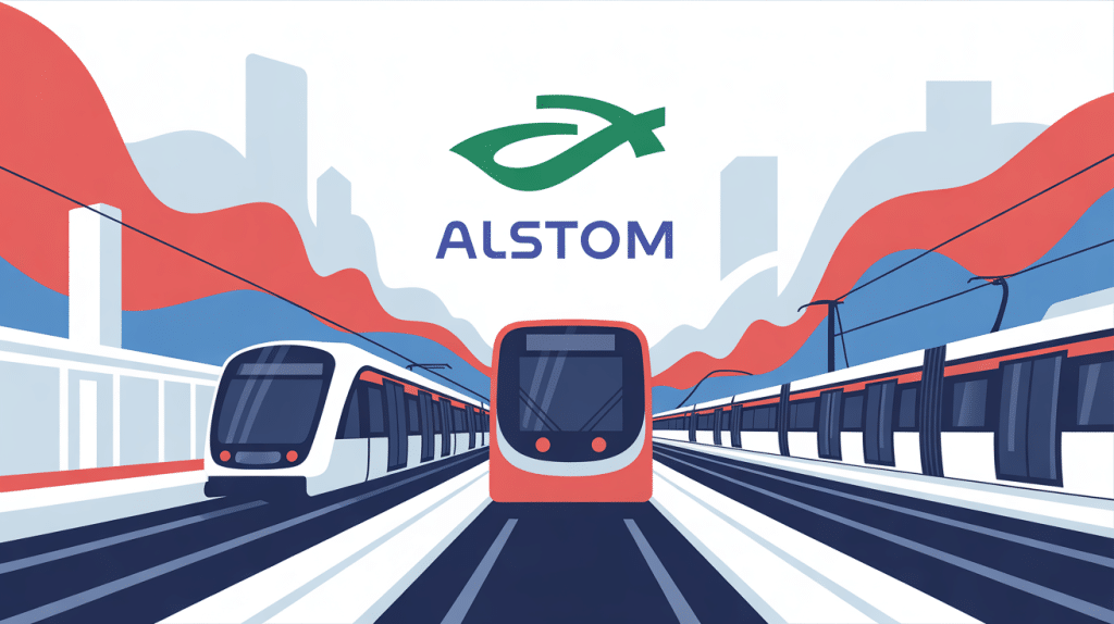 logo alstom au centre d’un paysage ferroviaire moderne