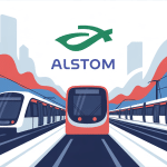 logo alstom au centre d’un paysage ferroviaire moderne
