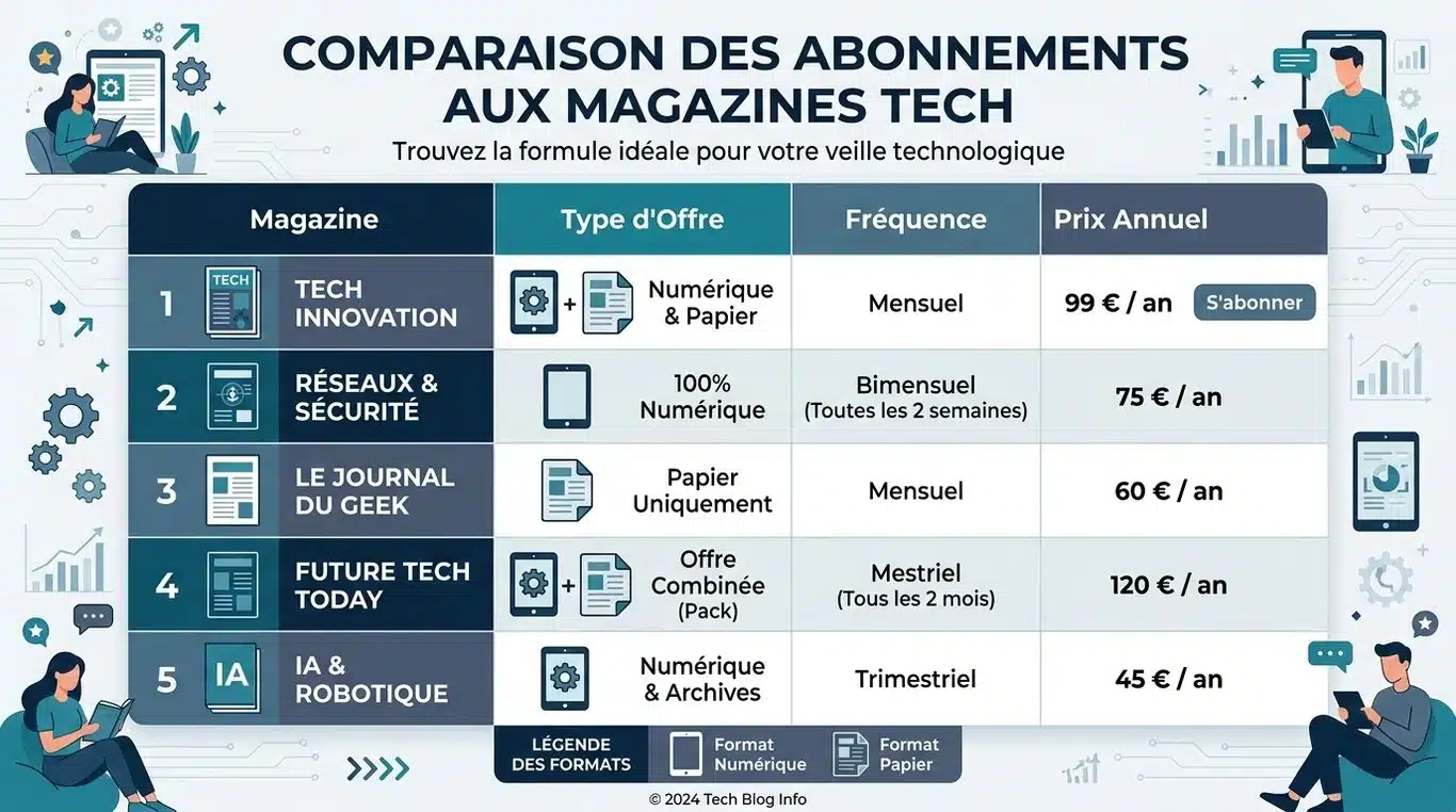 Infographie comparative des offres d'abonnement aux magazines high-tech : T3 Magazine et What Hi-Fi.