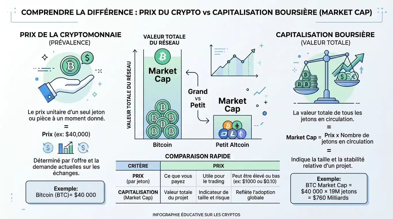 Infographie expliquant la différence entre le prix unitaire et la capitalisation boursière des crypto-monnaies
