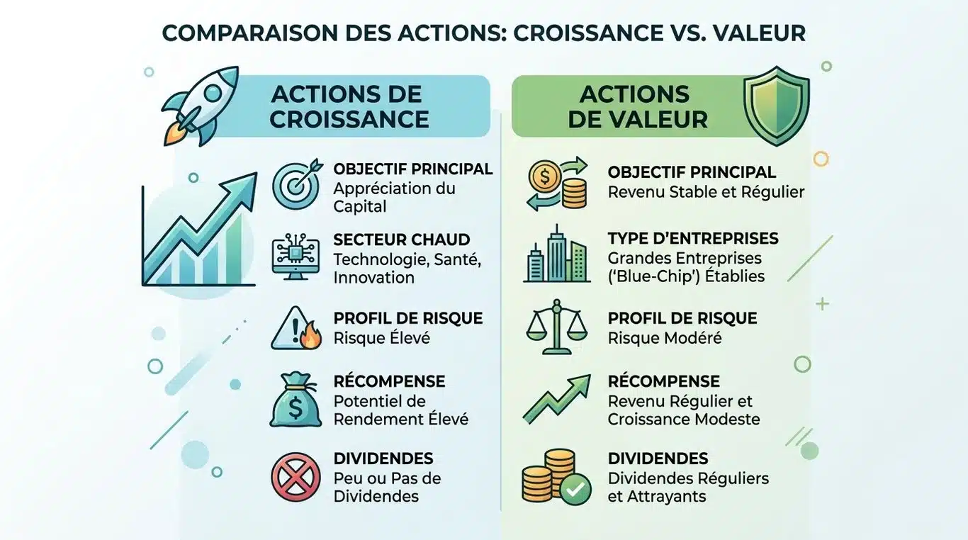 Infographie comparative : Actions de Croissance vs Actions de Rendement