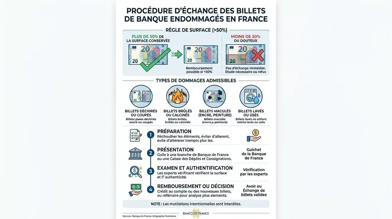 Infographie des procédures pour les billets de banque endommagés en France