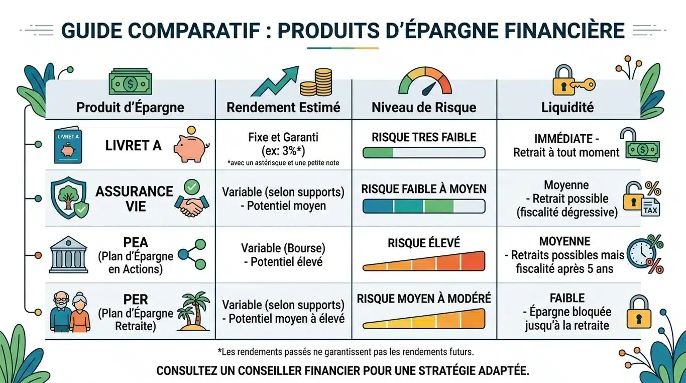 Infographie comparative des produits d'épargne : rendement, risque et disponibilité