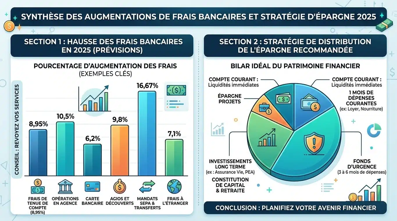 Infographie sur l'évolution des frais bancaires 2025 et la stratégie de répartition de l'épargne