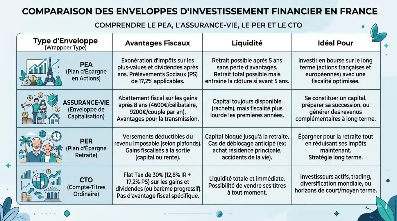 Infographie comparative des enveloppes fiscales pour investir en France : PEA, Assurance-Vie, PER et CTO