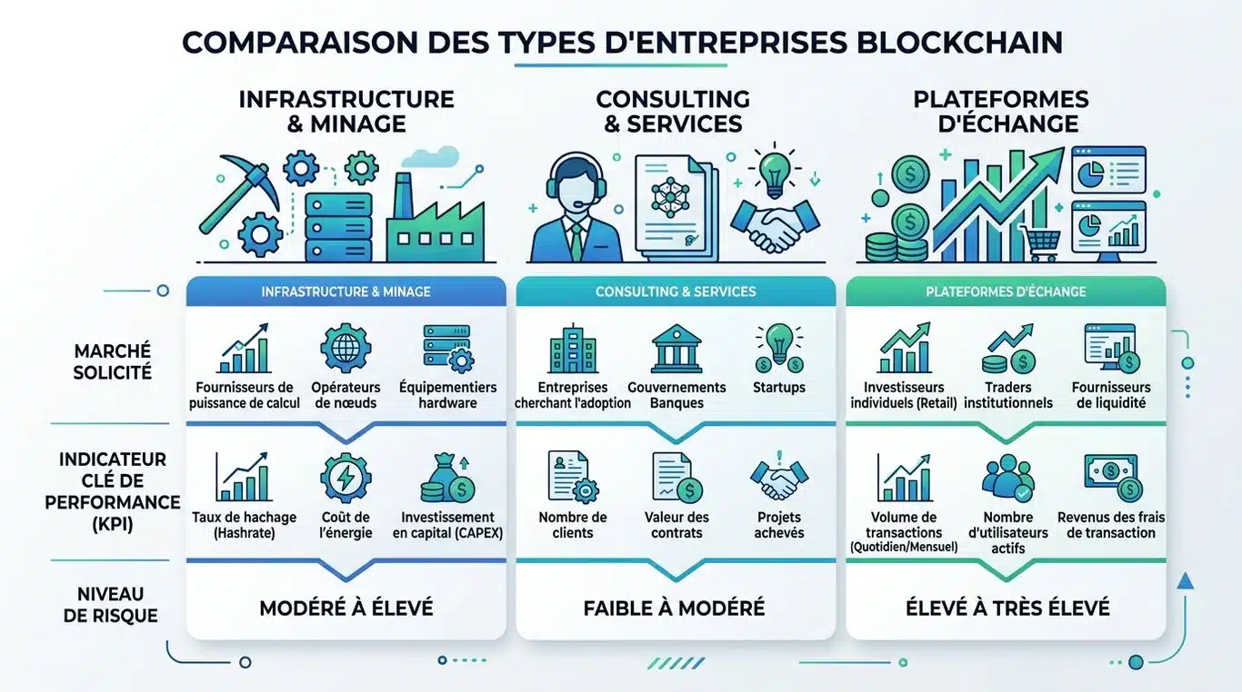 Infographie comparative des types d'entreprises blockchain cotées en bourse