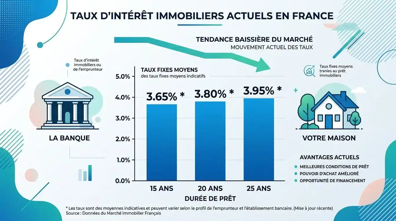 Infographie des taux de crédit immobilier en France : tendances actuelles par durée de prêt.
