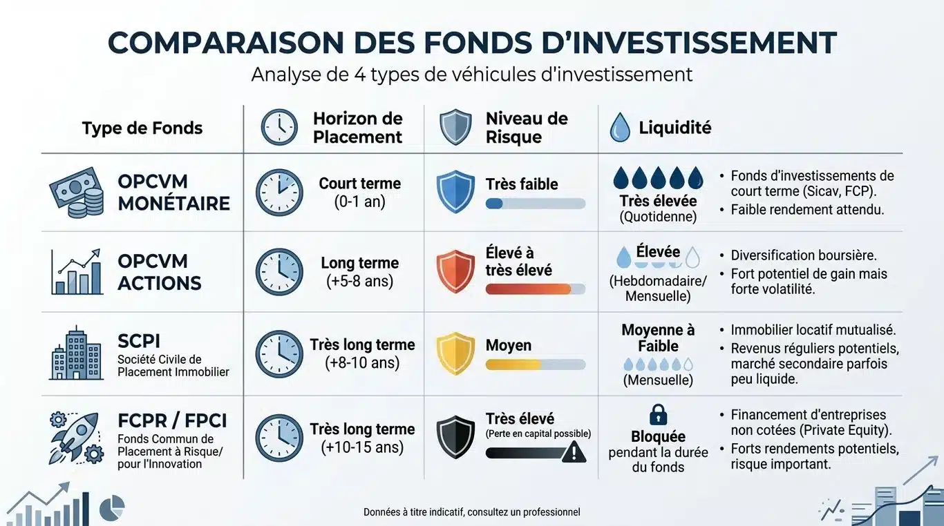 Infographie comparative des types de fonds d'investissement : horizon, risque et liquidité