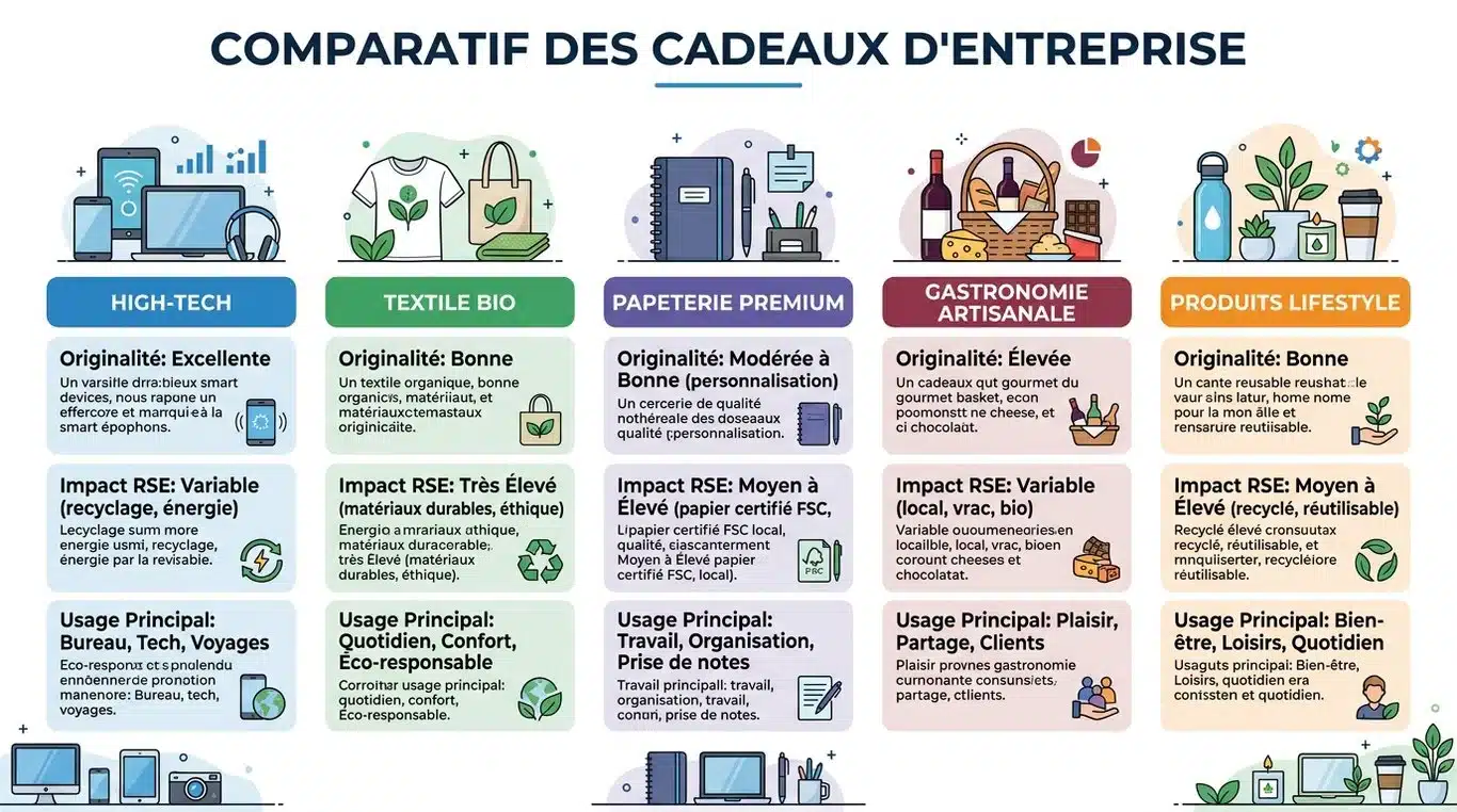 Infographie comparative des types de cadeaux d'entreprise : originalité, impact RSE et usage.