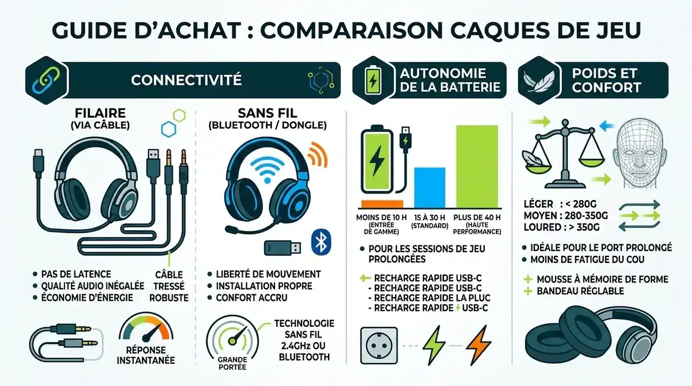 Infographie comparative des critères techniques des casques gaming