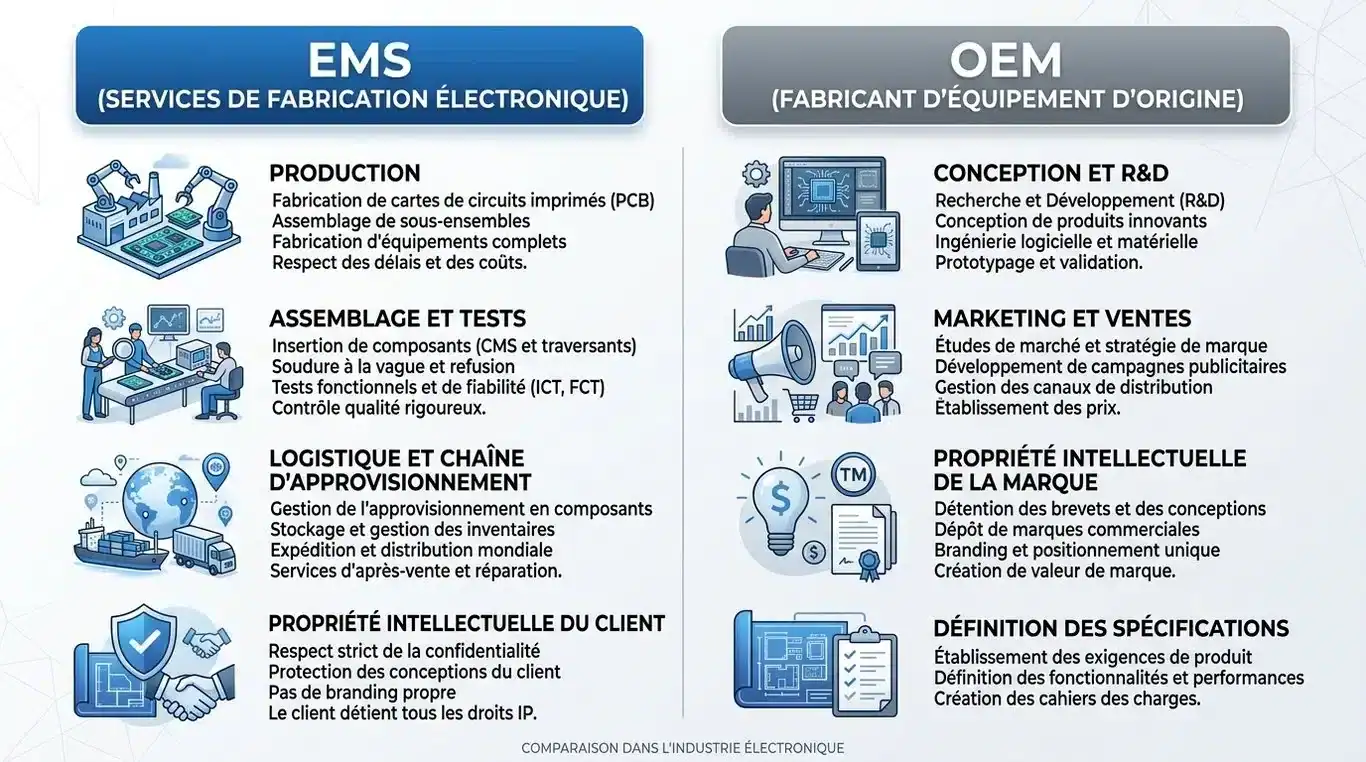 Infographie comparative entre EMS et OEM dans l'industrie électronique