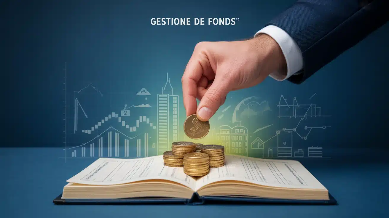 Gestion de fonds, main déposant pièce or, graphiques et immeubles