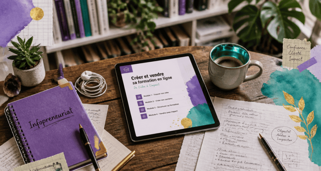 Bureau d'infopreneur avec tablette, carnet et café