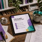 Bureau d'infopreneur avec tablette, carnet et café