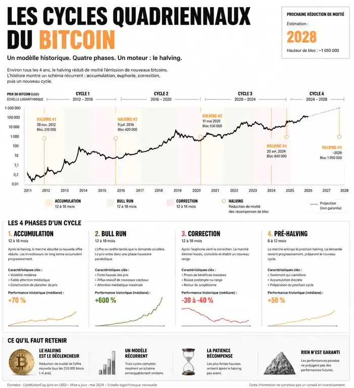 Infographie des cycles du prochain bull run crypto et du halving Bitcoin
