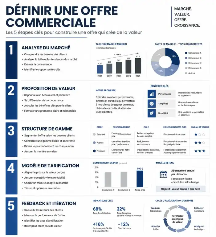 Infographie des étapes pour définir son offre commerciale et sa proposition de valeur