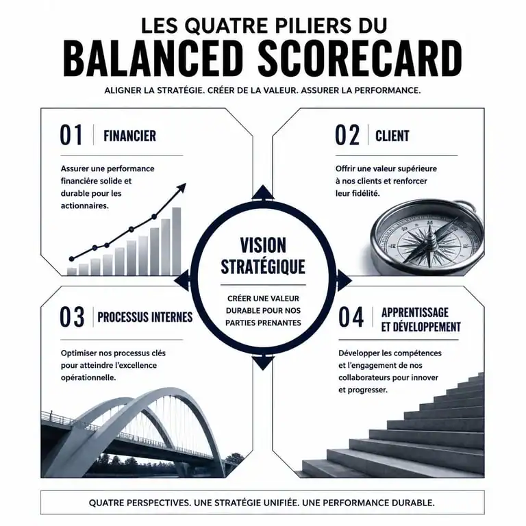 Infographie des quatre axes du Balanced Scorecard pour le pilotage stratégique