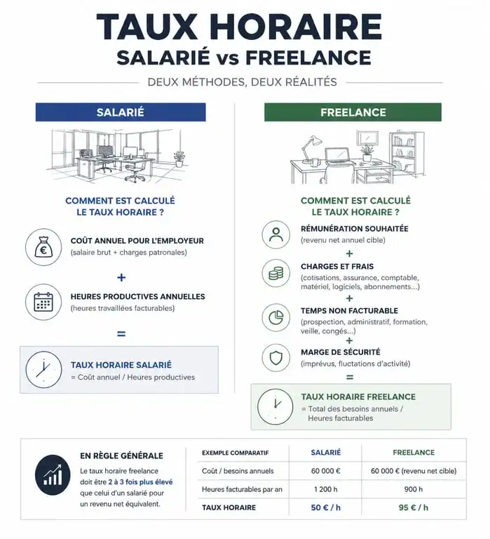 Infographie comparative : calcul du taux horaire salarié vs freelance