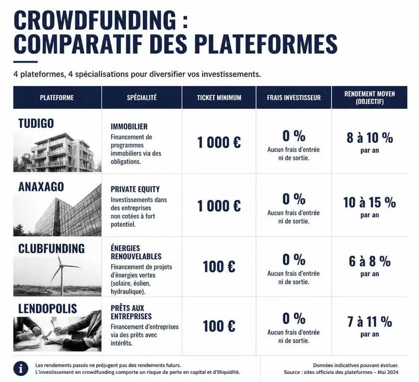 Comparatif des plateformes de crowdfunding Tudigo, Anaxago, Clubfunding et Lendopolis pour investir dans le non-coté