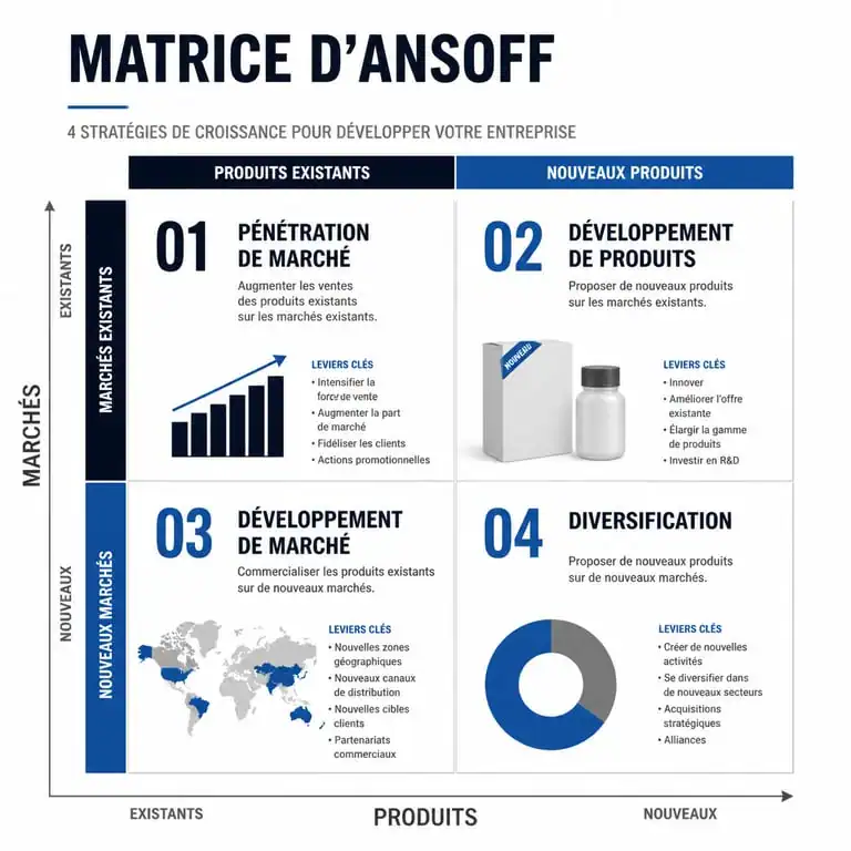 Schéma de la matrice d'Ansoff illustrant les quatre stratégies de croissance : pénétration de marché, développement de produits, développement de marché et diversification.