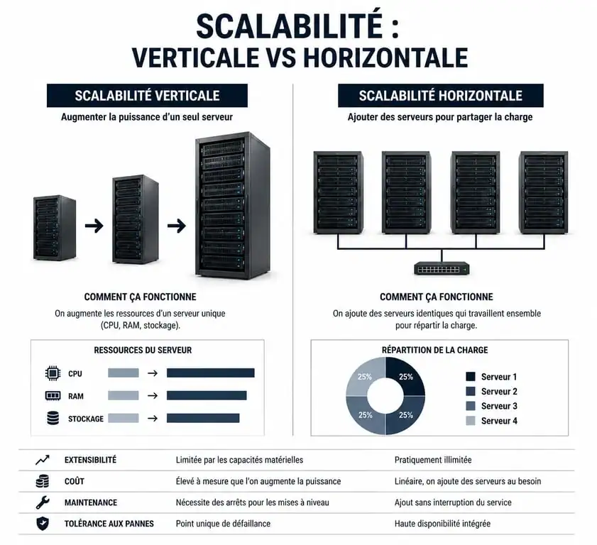 Comparaison visuelle entre la scalabilité horizontale et verticale pour la scalabilité informatique