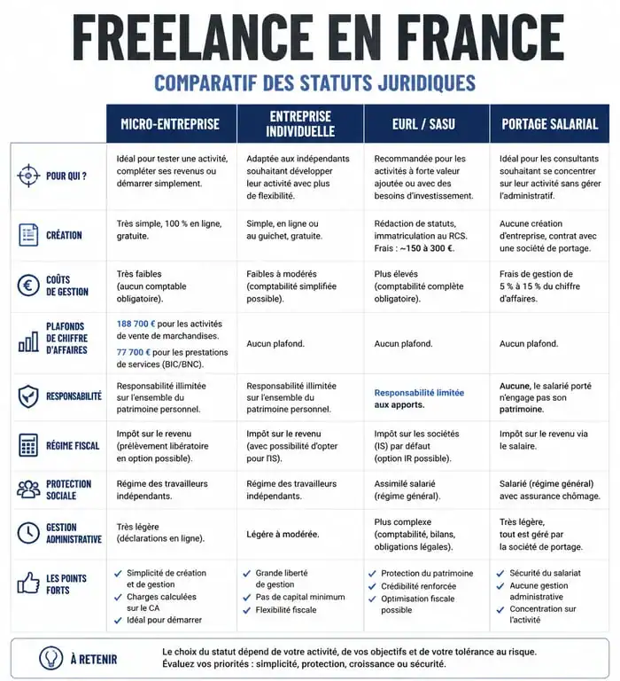 Tableau comparatif des statuts juridiques pour freelance : micro-entreprise, EI, EURL, SASU et portage salarial.
