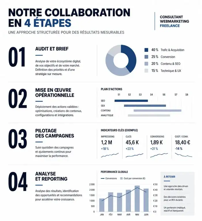 Infographie des étapes de collaboration avec un expert webmarketing freelance pour optimiser sa stratégie digitale