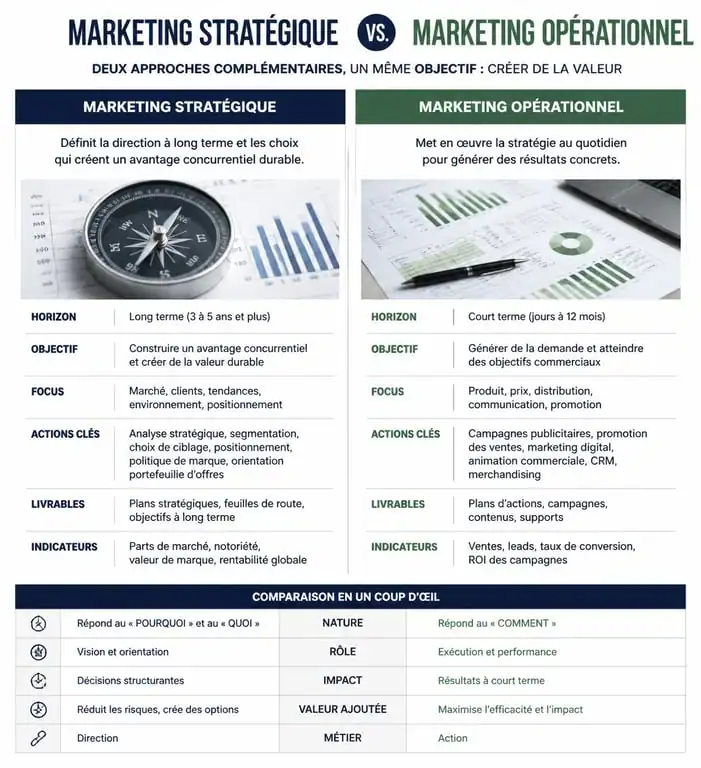 Infographie comparative entre le marketing stratégique et le marketing opérationnel pour comprendre leurs différences et complémentarités.