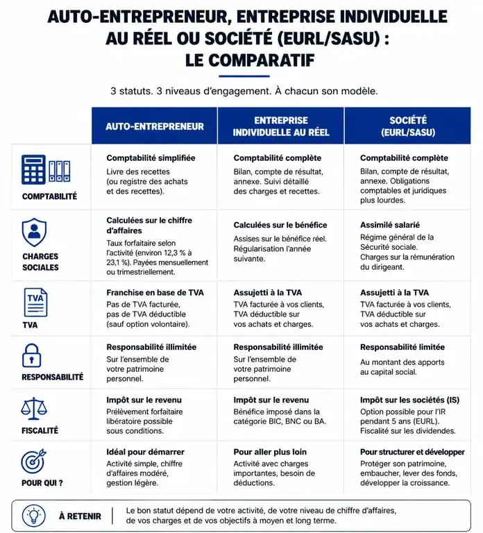 Tableau comparatif des statuts : auto-entrepreneur, travailleur indépendant et société