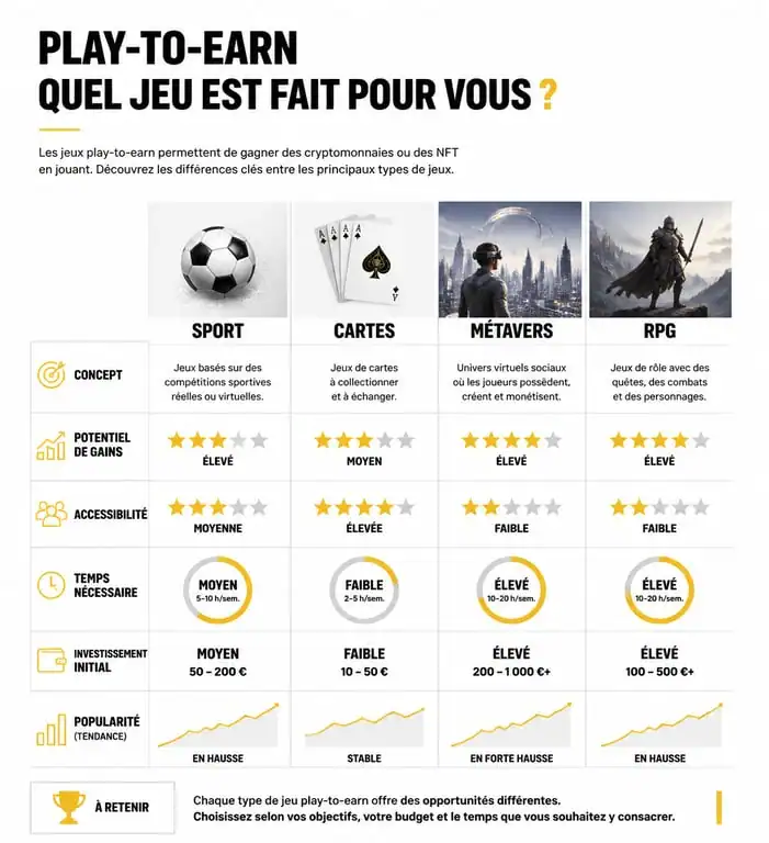 Infographie comparative des types de jeux play-to-earn et leurs caractéristiques