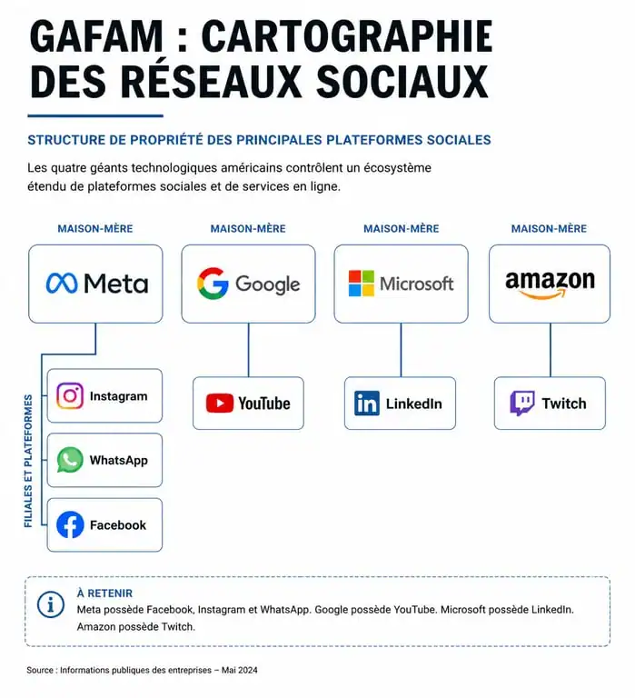 Infographie illustrant l'appartenance des réseaux sociaux aux GAFAM, incluant Instagram au sein du groupe Meta