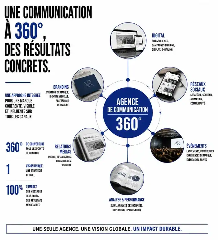 Schéma illustrant le fonctionnement d'une agence de communication 360 et ses différents piliers stratégiques