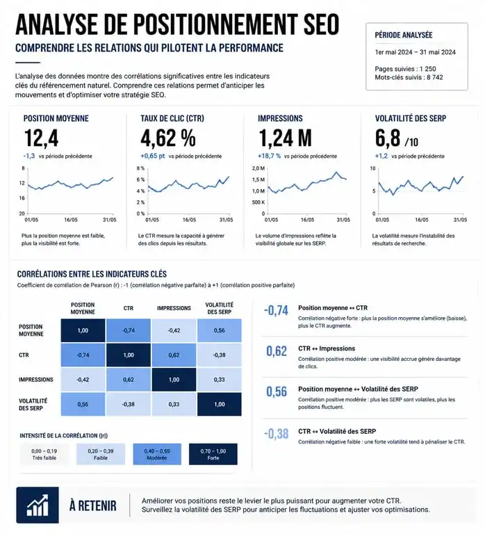 Infographie des indicateurs clés pour l'analyse de positionnement SEO