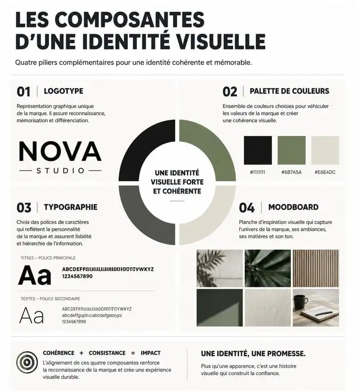 Infographie des composantes d'une identité visuelle pour une marque