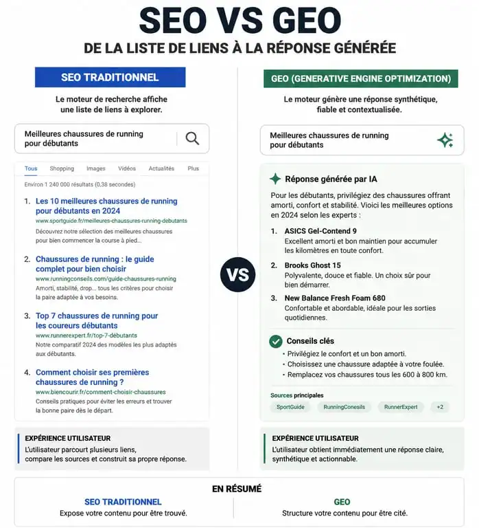 Comparatif visuel entre le référencement naturel SEO classique et le référencement ChatGPT GEO pour l'optimisation de contenu.