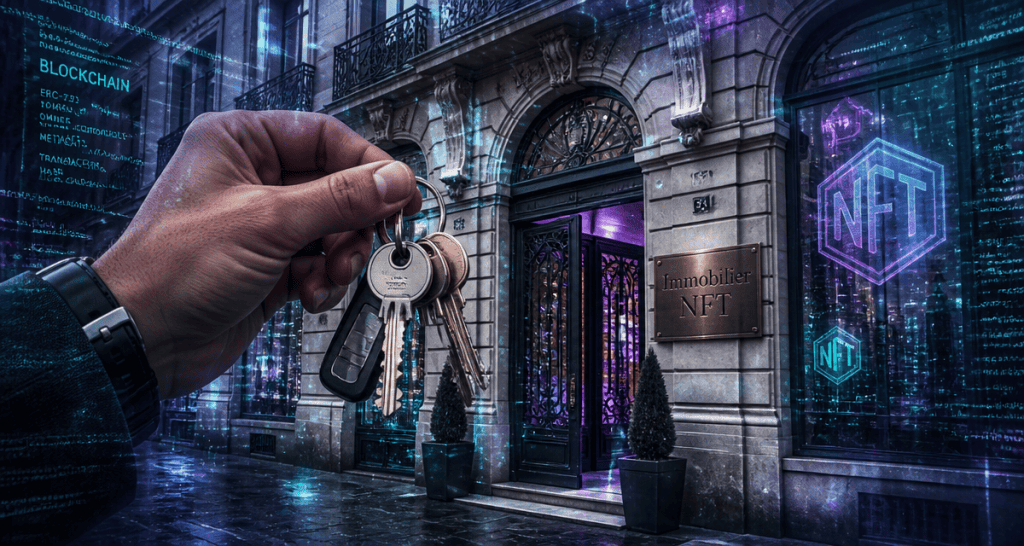 NFT immobilier clés et blockchain devant immeuble