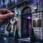 NFT immobilier clés et blockchain devant immeuble