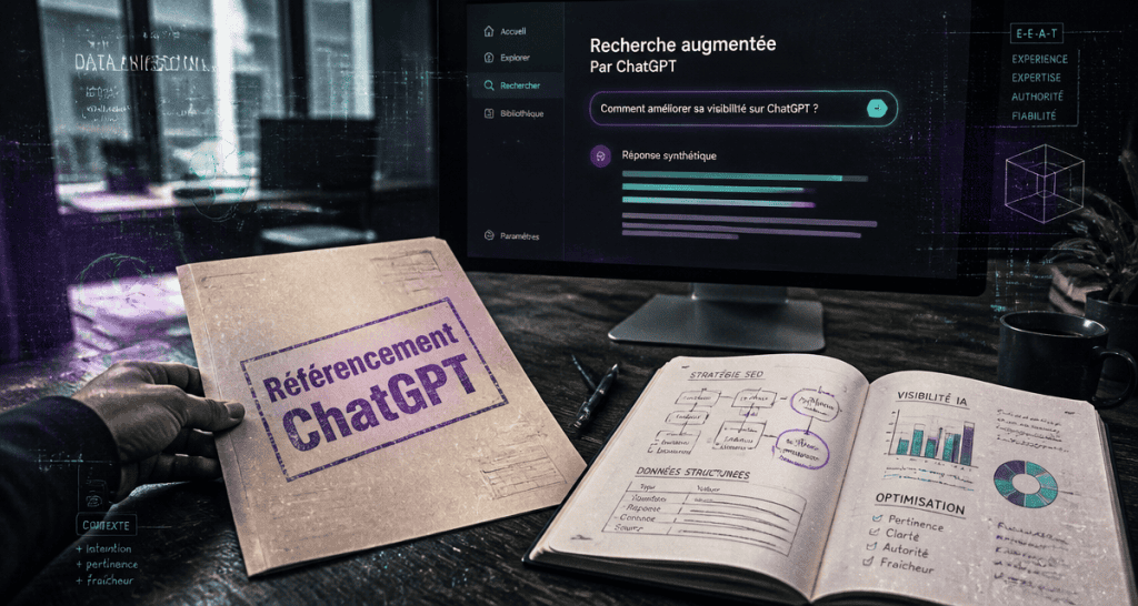 Référencement ChatGPT dossier sur bureau moderne