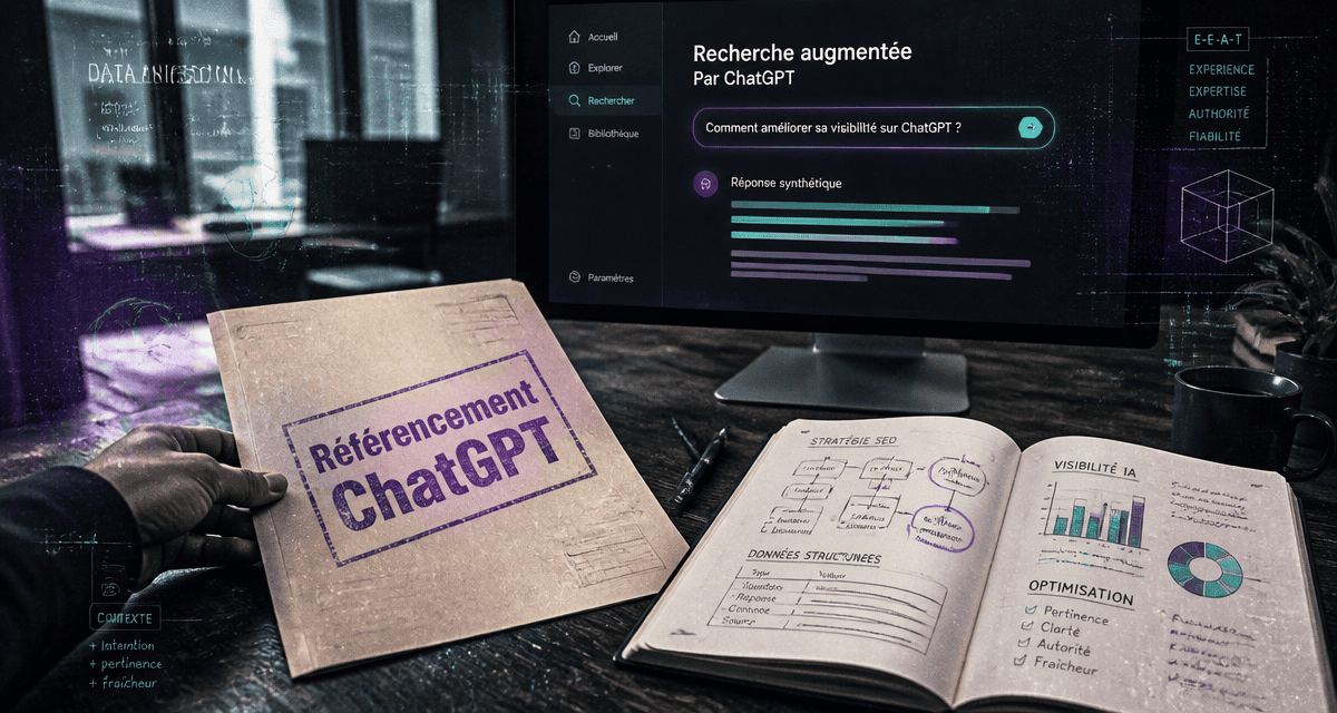 Référencement ChatGPT dossier sur bureau moderne