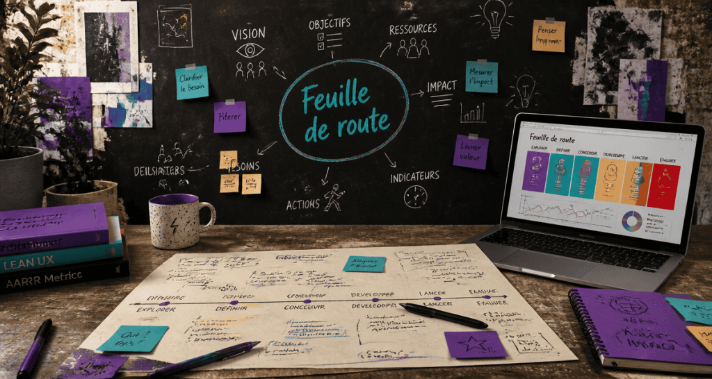 roadmap définition feuille de route manuscrite sur bureau