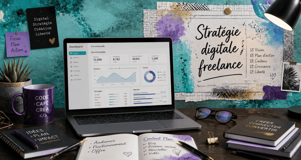 Webmarketing freelance bureau avec ordinateur et analytics