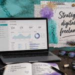 Webmarketing freelance bureau avec ordinateur et analytics