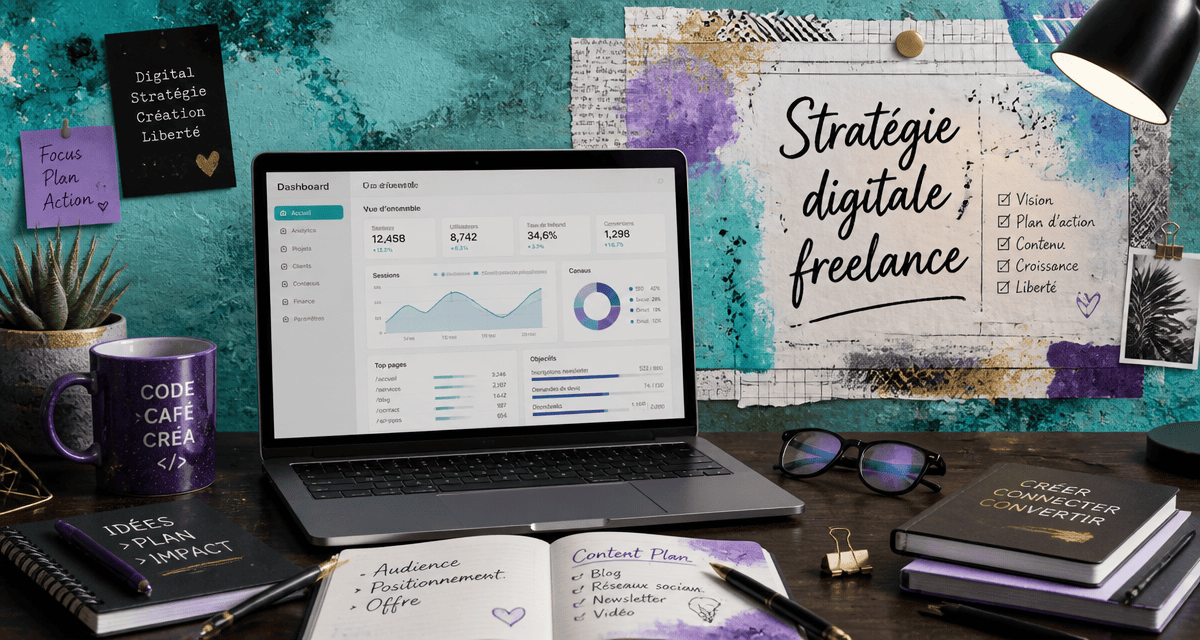 Webmarketing freelance bureau avec ordinateur et analytics
