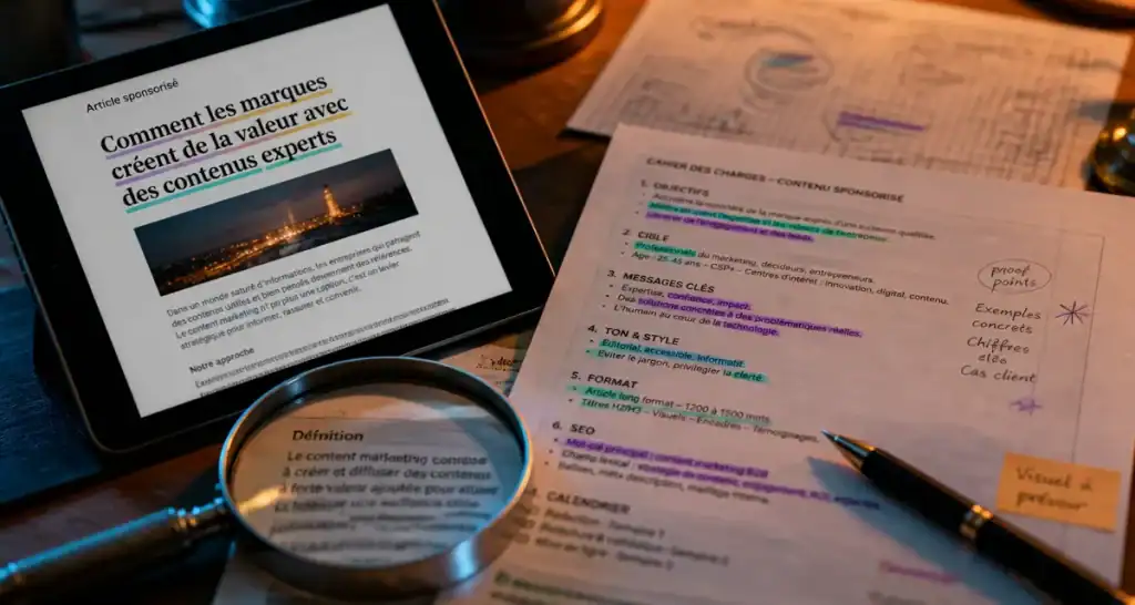 Article sponsorisé SEO et stratégie éditoriale sur bureau