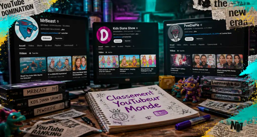 classement youtuber monde avec mrbeast et kids diana show