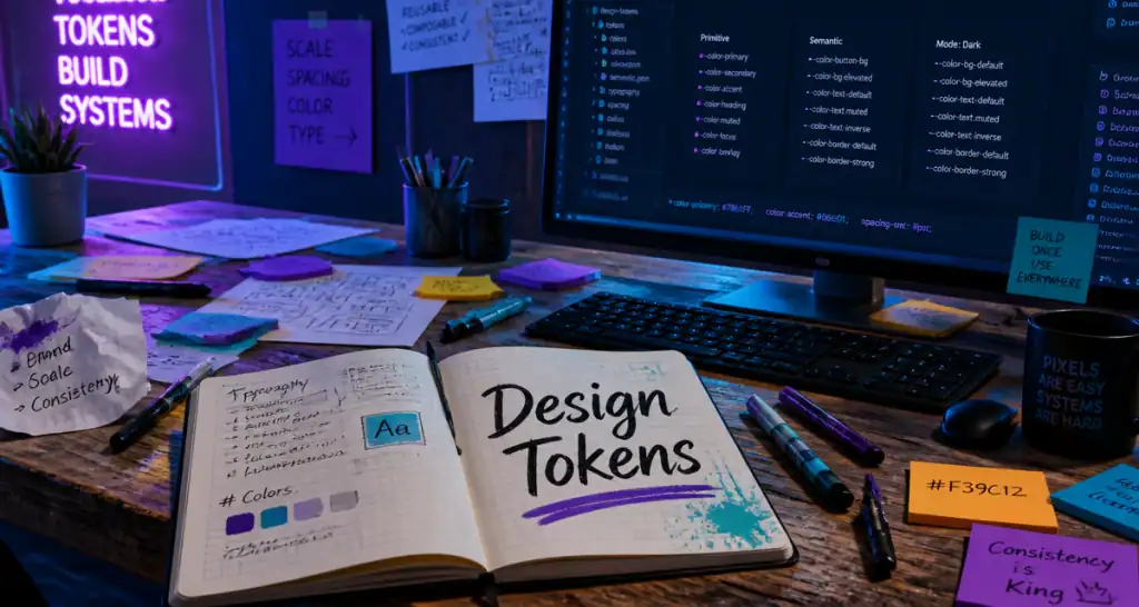 Bureau moderne avec écran affichant des design tokens