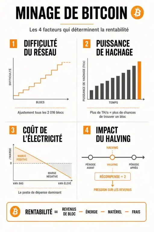 Infographie des facteurs influençant le temps et la rentabilité pour miner un bitcoin