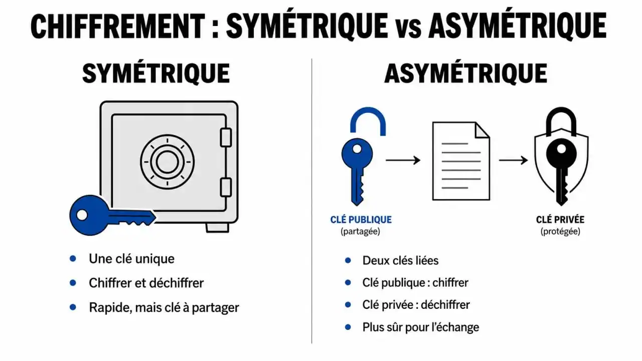 Infographie explicative sur la cryptographie pour les nuls : différence entre chiffrement symétrique et asymétrique