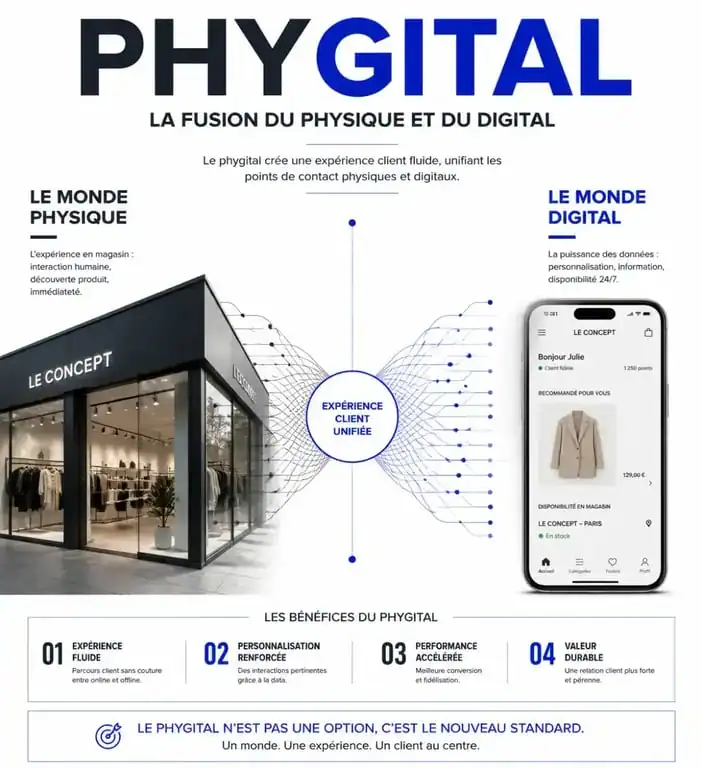 Schéma illustrant le concept de phygital et la fusion entre expérience physique et digitale en magasin pour une stratégie phygitale réussie.