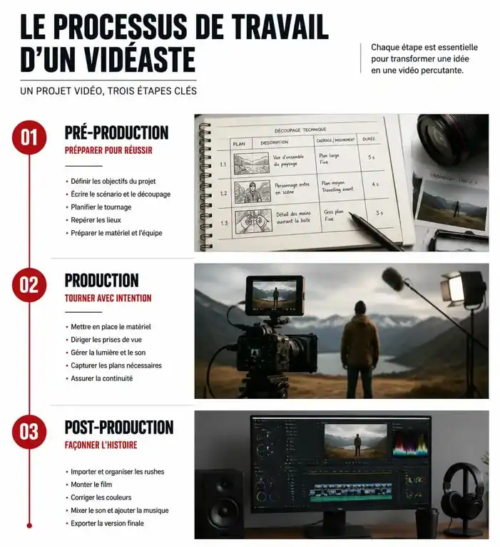 Infographie des étapes du métier de vidéaste professionnel